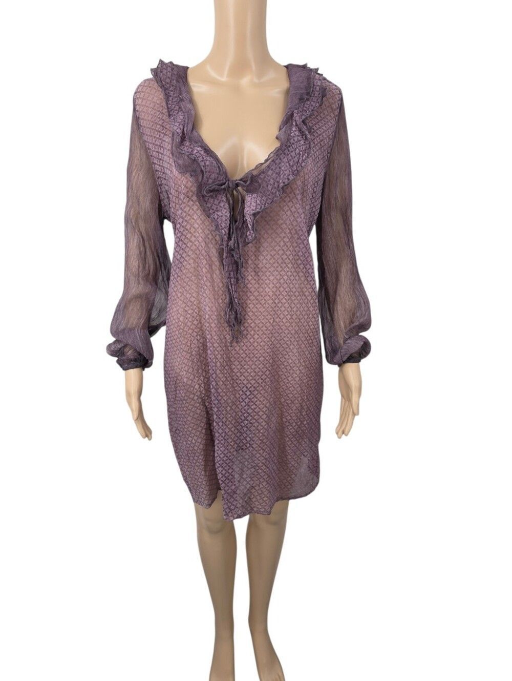 Silk Y2K Italian Sheer Ruffle V-Neck Tunic Dress in Mauve Purple